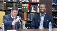 SportsUnited Cultural Affairs Officer Morgan O’Brien moderates the discussion with Jason Collins, facilitating a receptive engagement from the audience.