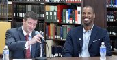 SportsUnited Cultural Affairs Officer Morgan O’Brien moderates the discussion with Jason Collins, facilitating a receptive engagement from the audience.