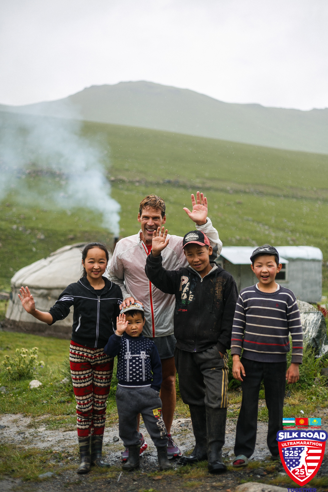 Dean poses with some young Kyrgyz fans