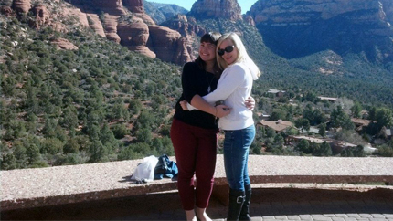 Claire (right) and FLEX student Anna pose together in front of the Sedona Red Rock Mountains. Photo courtesy of Claire Mattern.