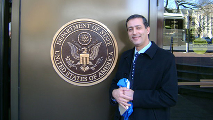 Lebanese Fulbright alumnus Dr. Ziad Fahed stands outside the United States Department of State in Washington, D.C.