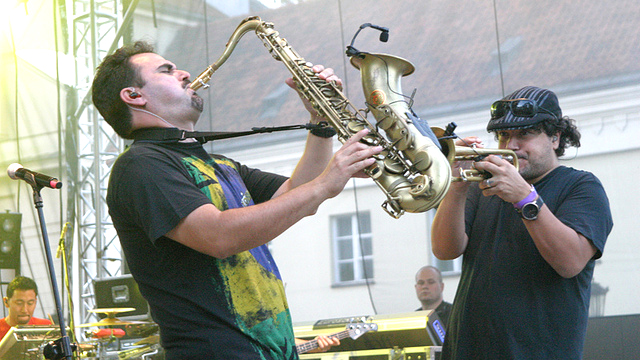 Ozomatli musicians perform in Warsaw, Poland.