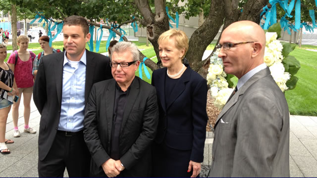 9/11 Memorial Foundation President Joseph Daniels, architect of the new World Trade Center complex Daniel Libeskind, Assistant Secretary Ann Stock, and FSB Chairman Tom Healy (left to right) pause for a moment of reflection after placing a wreath at the 9