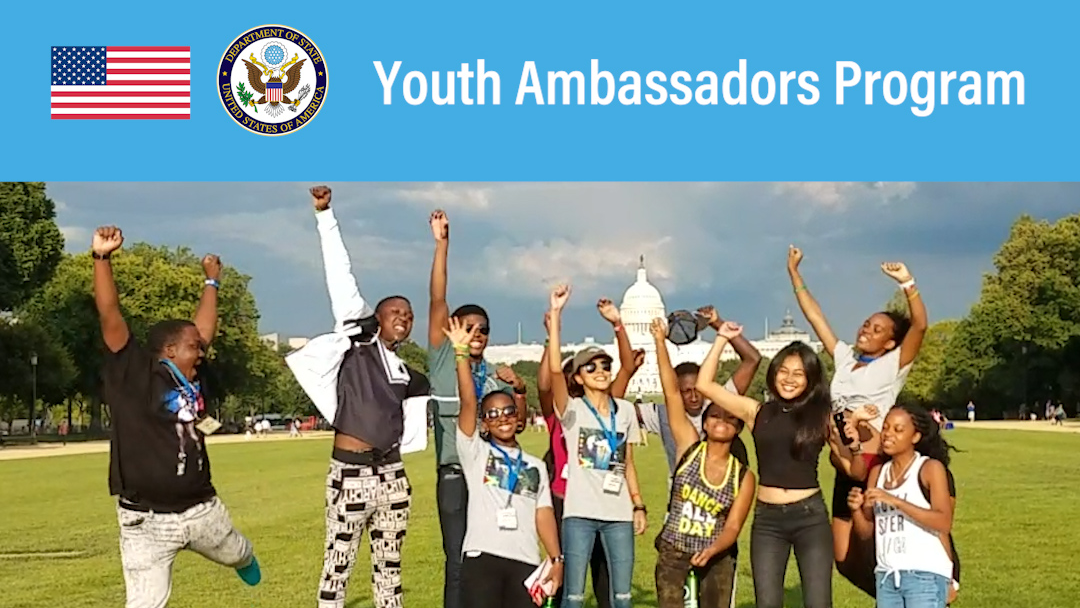 Group of young folks happy jumping up around wiht the words Youth Ambassador Program at the top