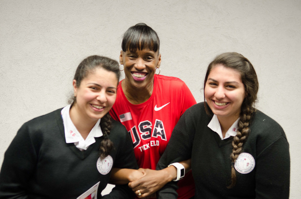 Jackie joins a few students after speaking with a class at an all-girls school in Jerusalem