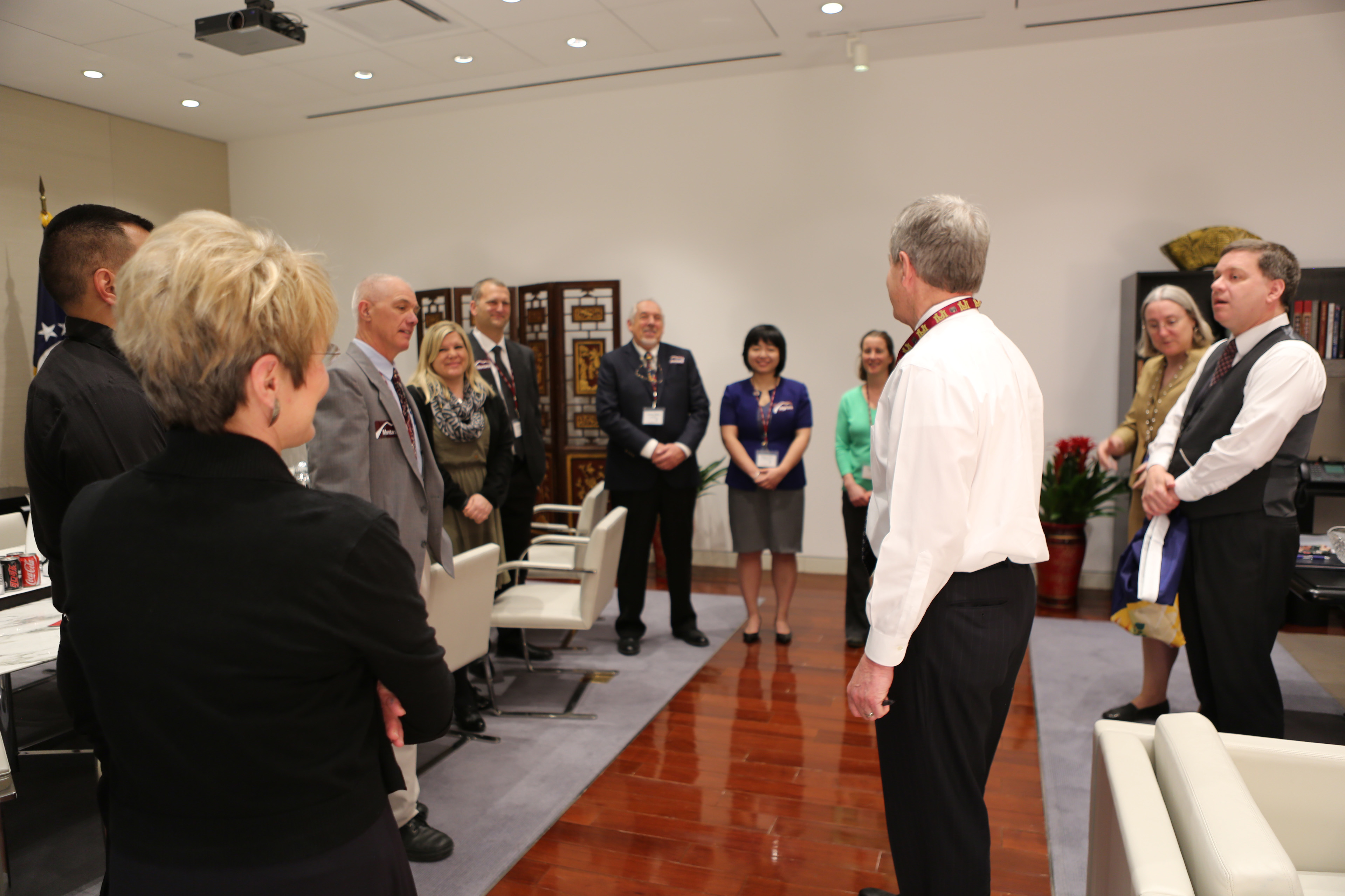 U.S. Ambassador to China Max Baucus meets with the University of Montana group at the U.S. Embassy in Beijing.