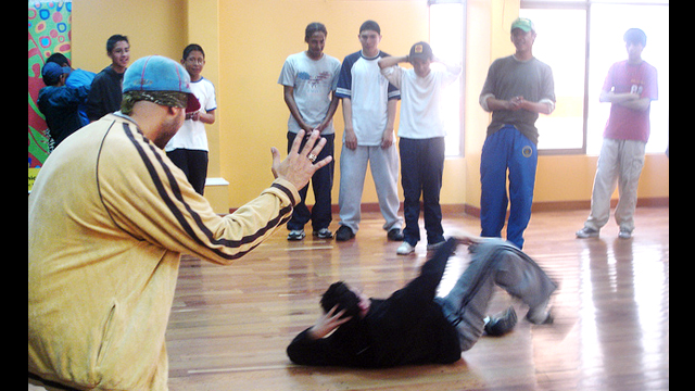 Participants try out their moves in a break-dance workshop held in Bolivia.