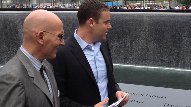 The Board and a group of Fulbrighters visit the names of two Fulbrighters killed in the 9/11 attacks; David Harlow Rice (top right on wall) was a 1995 U.S. Student to Zimbabwe and Christian Adams was a 1988 Visiting Student from Germany.