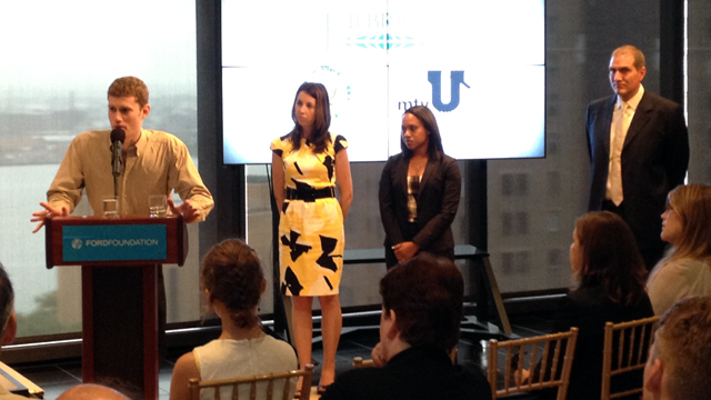 The newest Fulbright-mtvU cohort is introduced by MTV’s Senior Vice President of Strategy and Operations Carlo DiMarco (far right) at the Board’s open meeting, as they discuss their respective upcoming projects in India, Barbados, Kosovo, and Botswana.