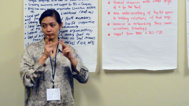 Rowella Tanjusay, English Faculty Member at the De La Salle-College of St. Benilde shares her thoughts during a SWOT analysis of the Philippine Federation of the Deaf.