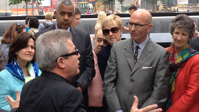 Daniel Libeskind (in foreground), 1984-85 Fulbright alumnus and master architect for the new World Trade Center, gives a poignant explanation of the design process for the new building and his efforts to preserve the sacredness and memories of the 9/11 si