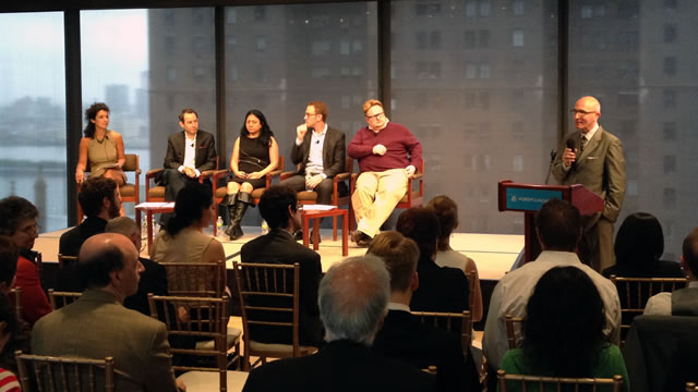 Panelists (seated, right to left) Tom Rielly, Fellows Director, TED; Ross Hoffman, Strategic Partnerships, Twitter; Josephine Dorado, Professor, The New School; and Jordan Bitterman, Senior Vice President, Digitas, prepare to discuss “Fulbright in a Conne