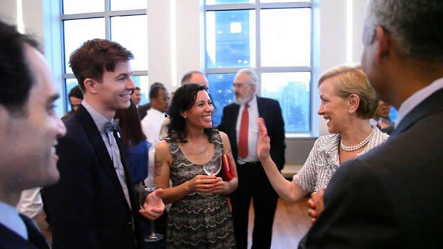 Assistant Secretary Ann Stock (right) chats with 2011-2012 Fulbright-mtvU nominating judges and indie pop band Matt & Kim at a reception celebrating the five-year Fulbright-mtvU relationship.  The event was co-hosted by United States Ambassador to the Uni