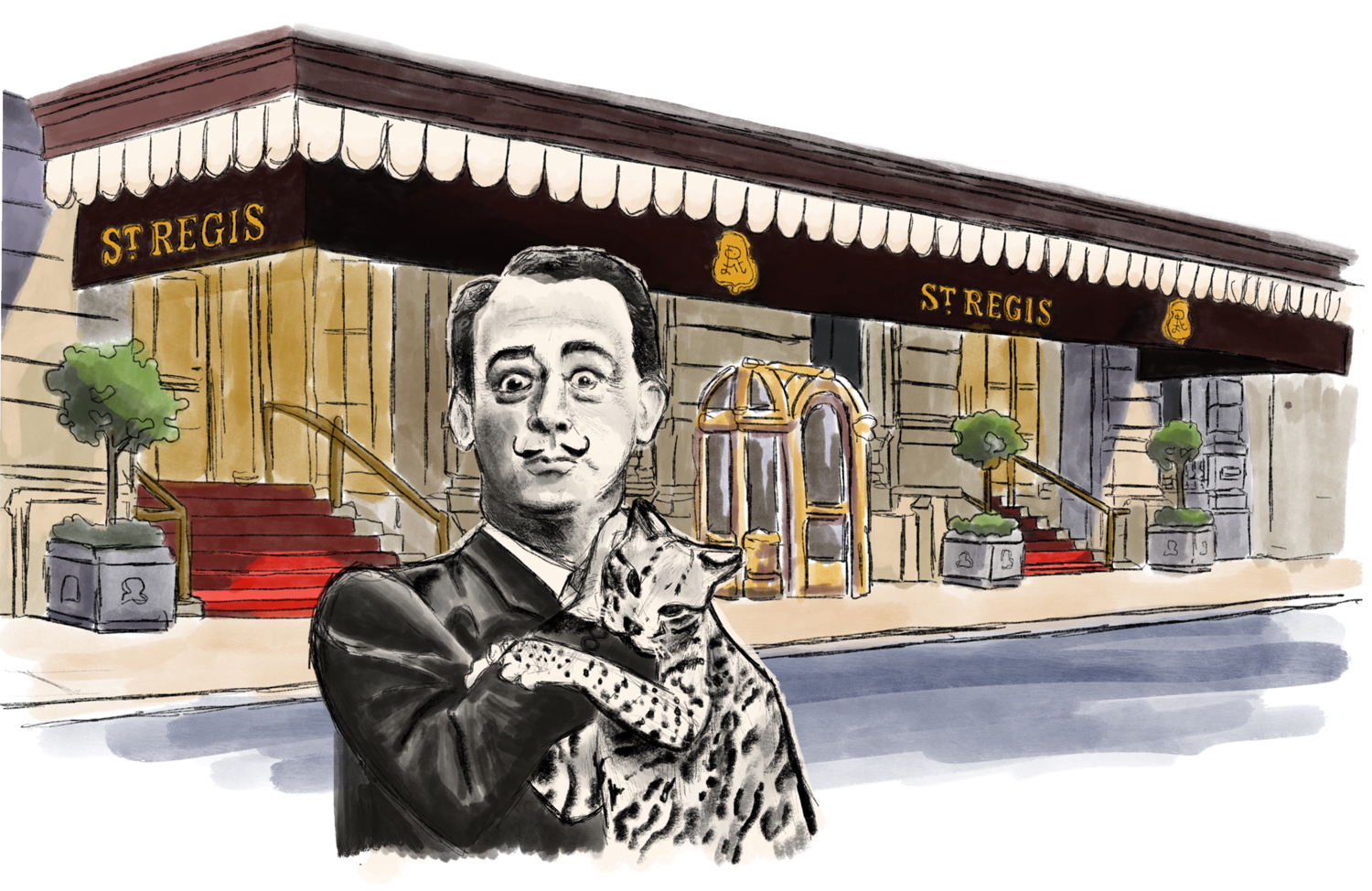 Illustration of Salvador Dali at the St. Regis Hotel by Maria Krasinski, Peace Corps Alumna to Georgia.