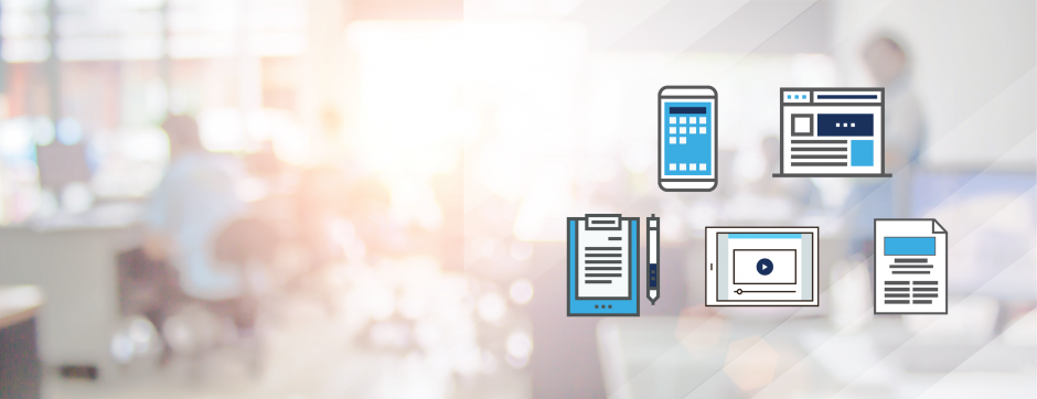 icons representing print, social media, video, web, and press