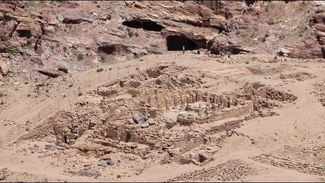 The Temple of the Winged Lions in Jordan overlooks the ruins of the ancient city of Petra.