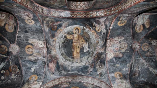 The interior of the Peribleptos church in Ohrid, Macedonia is decorated with 13th-century frescoes signed by the artists.