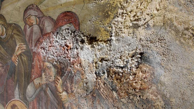 Damage to the 13th-century frescoes at the Peribleptos church in Ohrid, Macedonia is extensive.