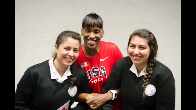 Jackie joins a few students after speaking with a class at an all-girls school in Jerusalem