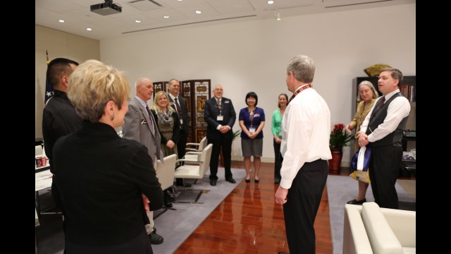 U.S. Ambassador to China Max Baucus meets with the University of Montana group at the U.S. Embassy in Beijing.