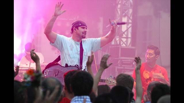 Ozomatli band member Willy Abers energizes the audience in Warsaw, Poland.