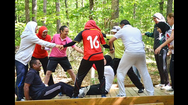 The Egyptian soccer coaches took part in strategy and sports sessions at the EDGE Ropes Course in Northern Virginia.