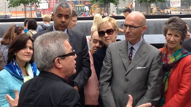 Daniel Libeskind (in foreground), 1984-85 Fulbright alumnus and master architect for the new World Trade Center, gives a poignant explanation of the design process for the new building and his efforts to preserve the sacredness and memories of the 9/11 si
