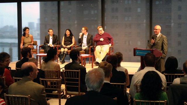 Panelists (seated, right to left) Tom Rielly, Fellows Director, TED; Ross Hoffman, Strategic Partnerships, Twitter; Josephine Dorado, Professor, The New School; and Jordan Bitterman, Senior Vice President, Digitas, prepare to discuss “Fulbright in a Conne