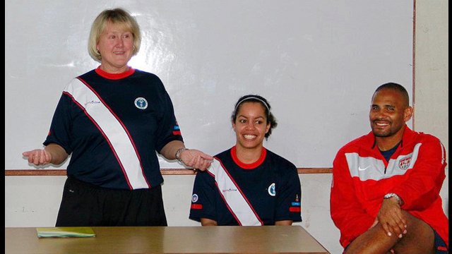 Former U.S. Women's National Soccer Team Manager, Cheryl Bailey, engages young boys and girls on the subject of nutrition and fitness.