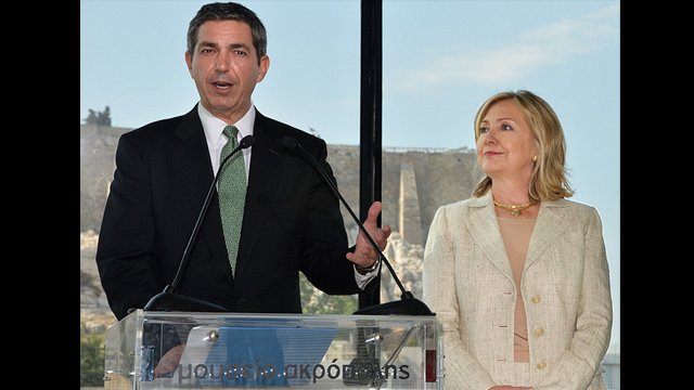 Greek Minister of Foreign Affairs, Stavros Lambrinidis, with Secretary of State, Hillary Clinton, speaking at the Acropolis Museum.