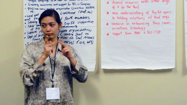 Rowella Tanjusay, English Faculty Member at the De La Salle-College of St. Benilde shares her thoughts during a SWOT analysis of the Philippine Federation of the Deaf.
