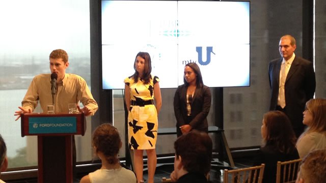 The newest Fulbright-mtvU cohort is introduced by MTV’s Senior Vice President of Strategy and Operations Carlo DiMarco (far right) at the Board’s open meeting, as they discuss their respective upcoming projects in India, Barbados, Kosovo, and Botswana.