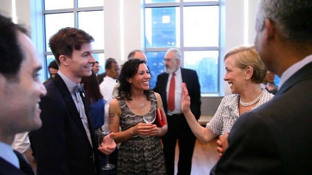 Assistant Secretary Ann Stock (right) chats with 2011-2012 Fulbright-mtvU nominating judges and indie pop band Matt & Kim at a reception celebrating the five-year Fulbright-mtvU relationship.  The event was co-hosted by United States Ambassador to the Uni