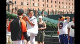 The Japanese delegation works on their pitching form with the Baltimore Orioles.