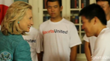 Hillary Clinton welcomes Japanese baseball players participating in the sports exchange.