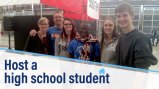 Group photo with family and exchange student in the middle with title graphic that reads: Host a High School Student