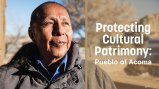 Native man looking past the camera with the words "Protecting Cultural Patrimony" superimposed to the right of his face.