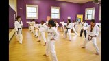 The taekwondo visitors start with the basics at a special training session led by a representative of the Korean Embassy.