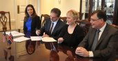 Photo of agreement signing with Assistant Secretary of State Evan Ryan, U.S.-Iceland Fulbright Commission director Belinda Theriault, National Science Foundation Arctic Section Head Eric Salzman, and Ambassador of Iceland Geir Haarde.