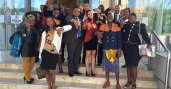 MWF alumni and their Mentees at the Namibia Connect Camp for the Young African Leaders Initiative, showing hands in the shape of Namibia.