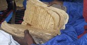 Close up of a very large and old book being held opened, the pages are wrinkled and tainted yellow