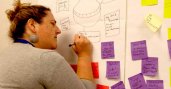 Woman writing on board full of post-it notes