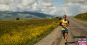 Dean running under a sunny sky next to yellow flowering fields