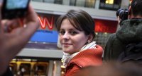 Edward R. Murrow participant, Viktoriya Piriyeva of Azerbaijan, in front of CNN International